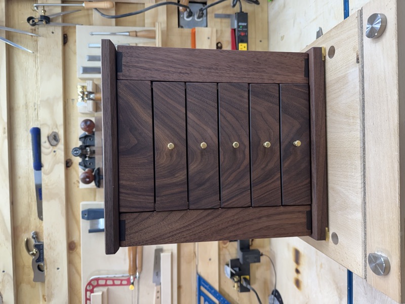 Walnut Jewelry Cabinet: From the front, closed
