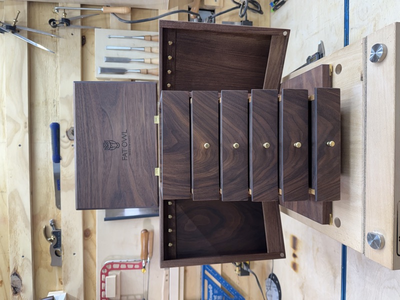 Walnut Jewelry Cabinet: Lid raised and side doors open, showing the hooks and drawers
