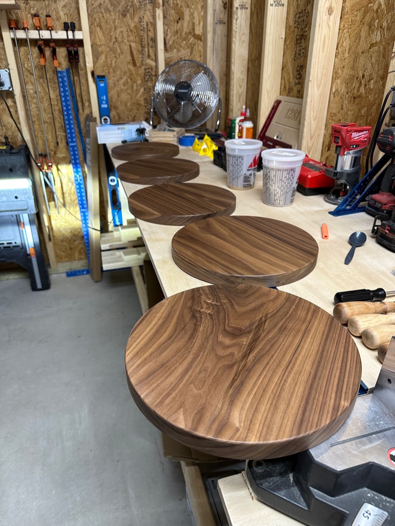 Round-Top Stools in progress: Seat blanks in the shop before finishing